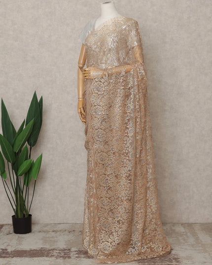 Champagne Gold Premium French Metallic Chantilly Lace Saree with Stone Work, Width 110 Cms, 5.5 Mtrs, France-D25592
