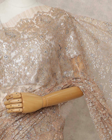 Champagne Gold Premium French Metallic Chantilly Lace Saree with Stone Work, Width 110 Cms, 5.5 Mtrs, France-D25592