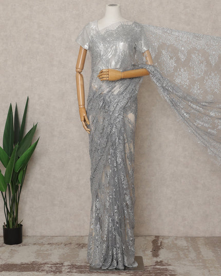 ساري فرنسي فضي فاخر من الدانتيل الشانتيلي المعدني مع تطريز حجري، عرض 110 سم، 5.5 متر، فرنسا - D25566