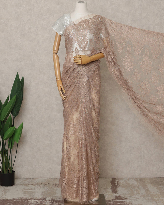 Rose Pink Metallic French Chantilly Saree Lace With Stone Work Elegant Floral Net Design 5.5 Mtrs Length 110 Cms Width Premium Soft Sheer Fabric France Origin-D28924 Regal Fabrics