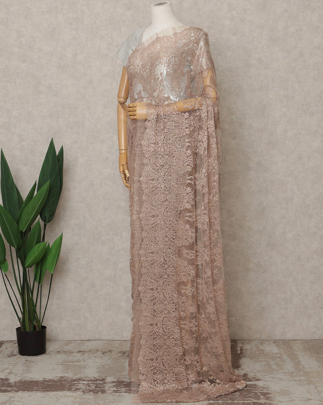 Rose Copper Premium French Metallic Chantilly Lace Saree with Stone Work, Width 110 Cms, 5.5 Mtrs, France-D25599 Regal Fabrics