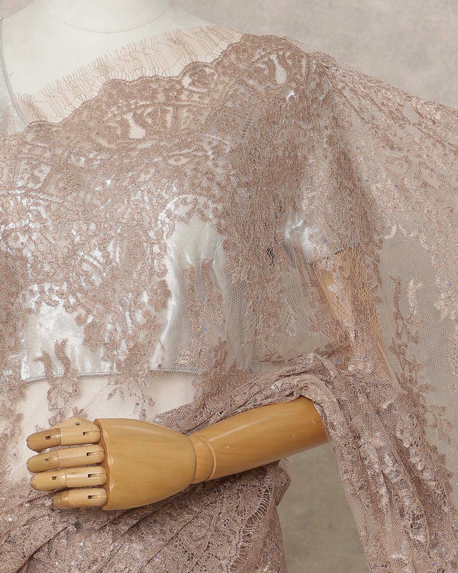 Rose Pink Metallic French Chantilly Saree Lace With Stone Work Elegant Floral Net Design 5.5 Mtrs Length 110 Cms Width Premium Soft Sheer Fabric France Origin-D28924 Regal Fabrics