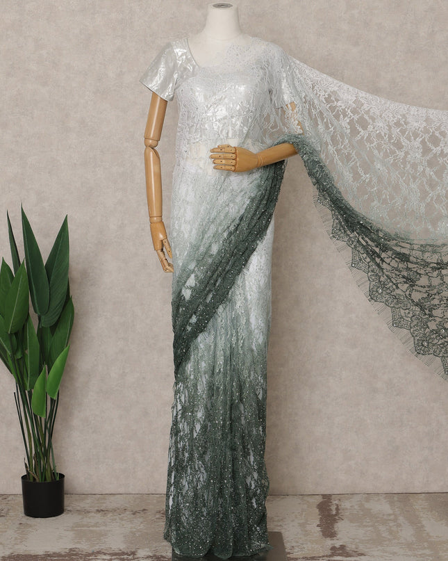 Green Ombre Premium French Ombre Chantilly Saree Lace with Stone Work, Width 110 Cms, 5.5 Mtrs, France, Imported from France  & Blouse Not Included-D26594