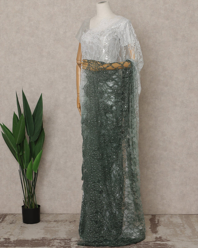 Green Ombre Premium French Ombre Chantilly Saree Lace with Stone Work, Width 110 Cms, 5.5 Mtrs, France, Imported from France  & Blouse Not Included-D26594