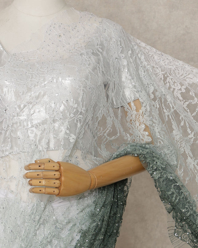 Green Ombre Premium French Ombre Chantilly Saree Lace with Stone Work, Width 110 Cms, 5.5 Mtrs, France, Imported from France  & Blouse Not Included-D26594