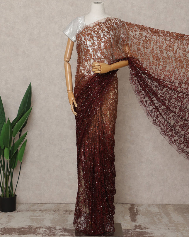 ساري فرنسي فاخر من قماش شانتيلي أومبري باللون البني العنابي مع تطريز حجري - طول 5.5 متر، عرض 110 سم، صنع في فرنسا - D25616