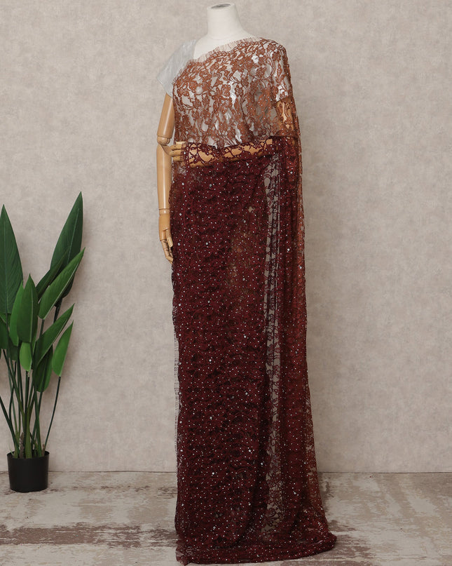 ساري فرنسي فاخر من قماش شانتيلي أومبري باللون البني العنابي مع تطريز حجري - طول 5.5 متر، عرض 110 سم، صنع في فرنسا - D25616