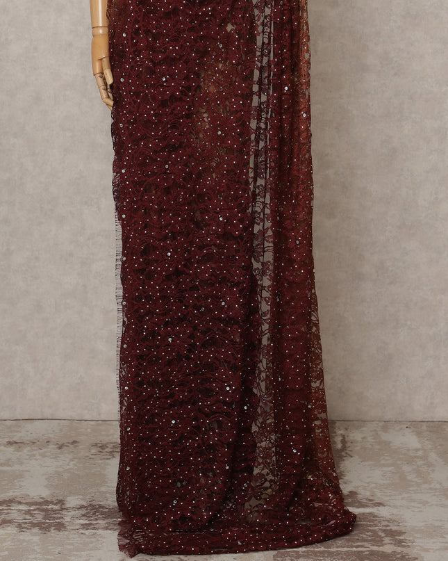 ساري فرنسي فاخر من قماش شانتيلي أومبري باللون البني العنابي مع تطريز حجري - طول 5.5 متر، عرض 110 سم، صنع في فرنسا - D25616