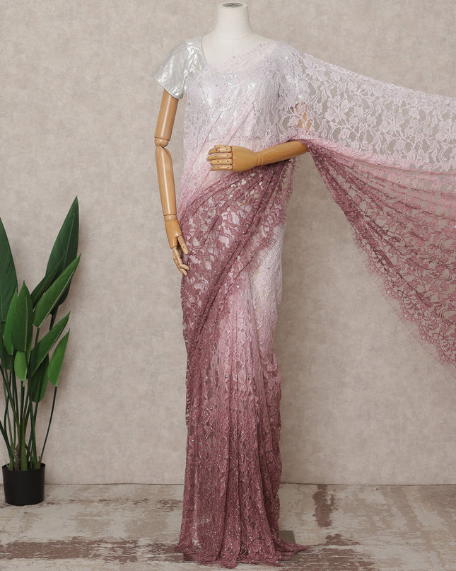 Rose Pink Mauve Premium French Chantilly Ombre Lace Saree Fabric with Stone Work – 5.5 Meters Length, Width 110 Cms, Made in France-D25618 Regal Fabrics