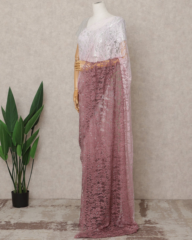 Rose Pink Mauve Premium French Chantilly Ombre Lace Saree Fabric with Stone Work – 5.5 Meters Length, Width 110 Cms, Made in France-D25618 Regal Fabrics