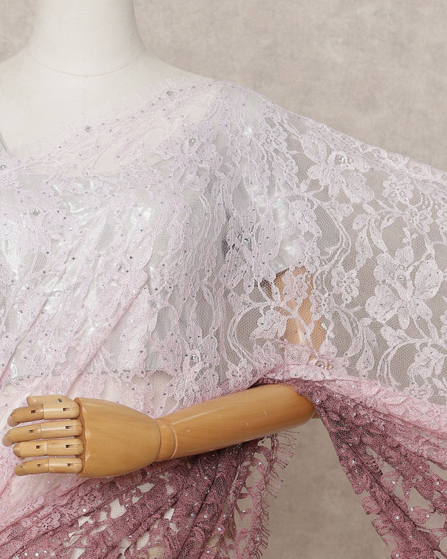 Rose Pink Mauve Premium French Chantilly Ombre Lace Saree Fabric with Stone Work – 5.5 Meters Length, Width 110 Cms, Made in France-D25618 Regal Fabrics