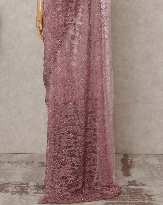 Rose Pink Mauve Premium French Chantilly Ombre Lace Saree Fabric with Stone Work – 5.5 Meters Length, Width 110 Cms, Made in France-D25618 Regal Fabrics