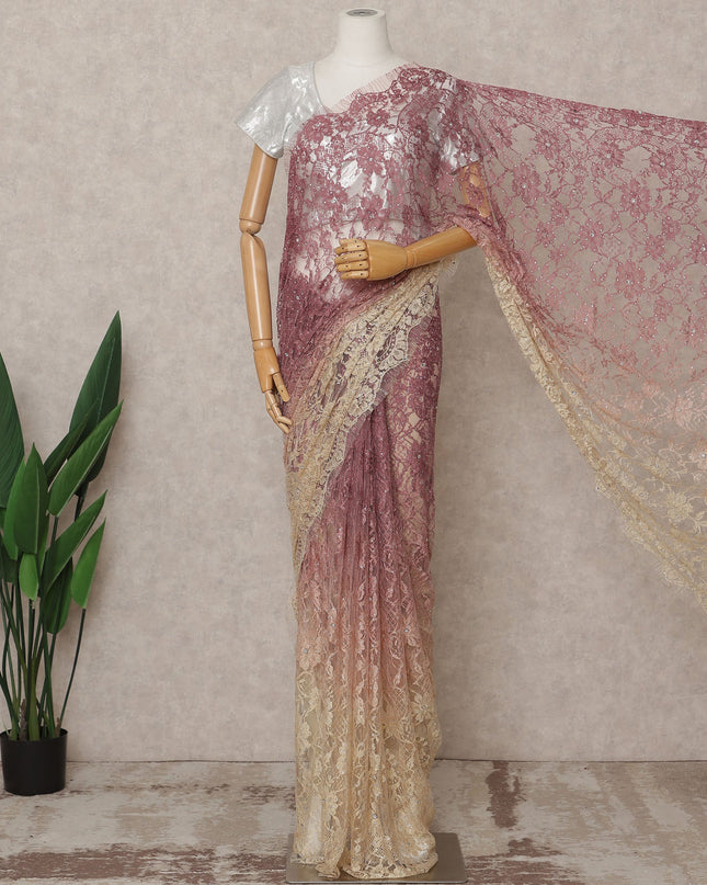 Wine Gold Premium French Chantilly Ombre Lace Saree Fabric with Stone Work – 5.5 Meters Length, Width 110 Cms, Made in France-D25619 Regal Fabrics