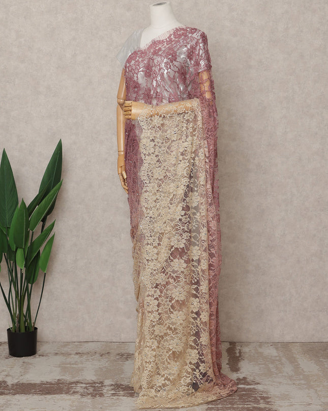 Wine Gold Premium French Chantilly Ombre Lace Saree Fabric with Stone Work – 5.5 Meters Length, Width 110 Cms, Made in France-D25619 Regal Fabrics