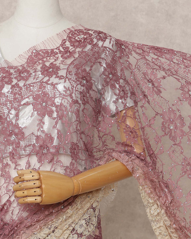 Wine Gold Premium French Chantilly Ombre Lace Saree Fabric with Stone Work – 5.5 Meters Length, Width 110 Cms, Made in France-D25619 Regal Fabrics