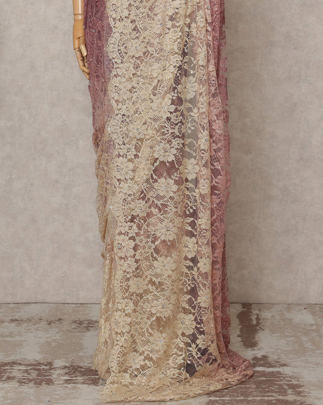 Wine Gold Premium French Chantilly Ombre Lace Saree Fabric with Stone Work – 5.5 Meters Length, Width 110 Cms, Made in France-D25619 Regal Fabrics