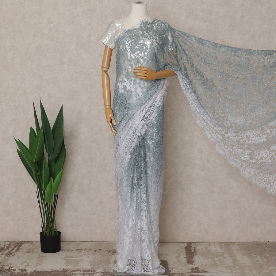 Blue-Grey Ombre Premium French Chantilly Saree Lace with Stone Work, 5.5 Mtrs, Width 110 Cms-D26593