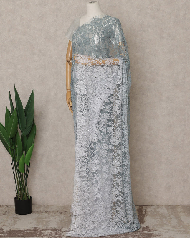 Blue-Grey Ombre Premium French Chantilly Saree Lace with Stone Work, 5.5 Mtrs, Width 110 Cms-D26593