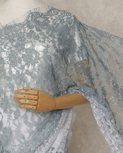 Blue-Grey Ombre Premium French Chantilly Saree Lace with Stone Work, 5.5 Mtrs, Width 110 Cms-D26593