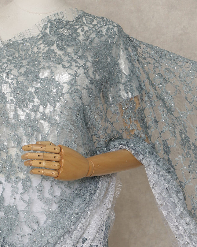 Blue-Grey Ombre Premium French Chantilly Saree Lace with Stone Work, 5.5 Mtrs, Width 110 Cms-D26593