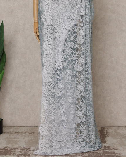 Blue-Grey Ombre Premium French Chantilly Saree Lace with Stone Work, 5.5 Mtrs, Width 110 Cms-D26593