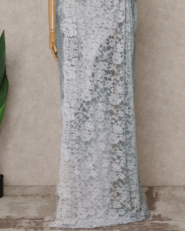 Blue-Grey Ombre Premium French Chantilly Saree Lace with Stone Work, 5.5 Mtrs, Width 110 Cms-D26593
