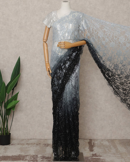 Ice Blue Black Premium French Chantilly Ombre Lace Saree Fabric with Stone Work – 5.5 Meters Length, Width 110 Cms, Made in France-D25617