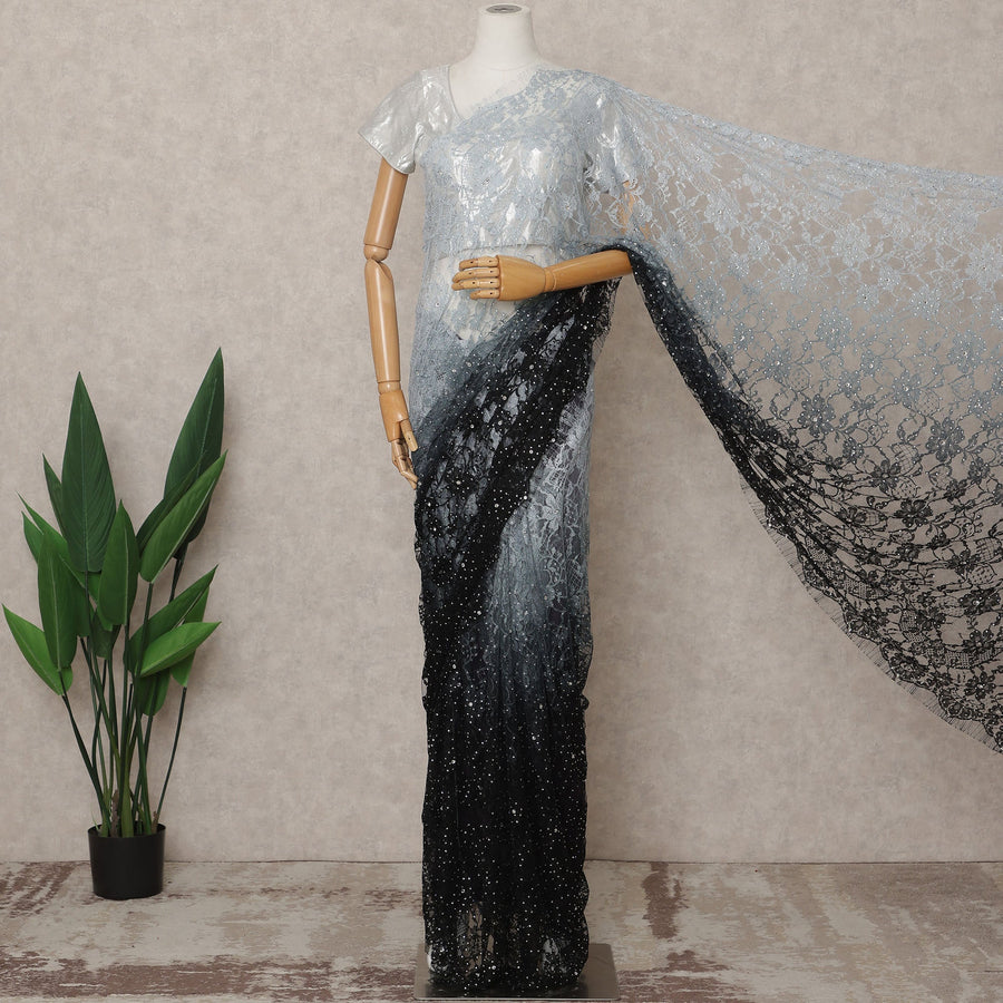 Ice Blue Black Premium French Chantilly Ombre Lace Saree Fabric with Stone Work – 5.5 Meters Length, Width 110 Cms, Made in France-D25617