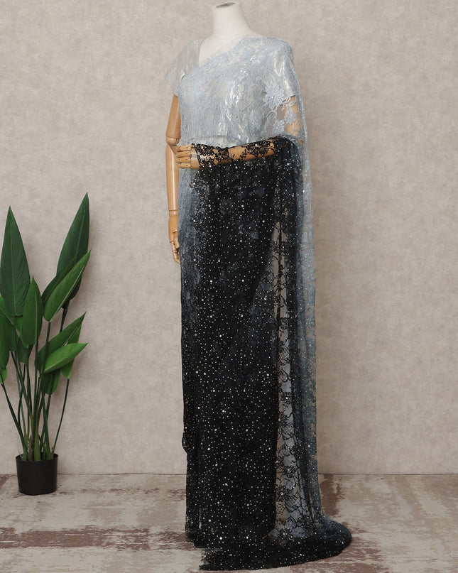 Ice Blue Black Premium French Chantilly Ombre Lace Saree Fabric with Stone Work – 5.5 Meters Length, Width 110 Cms, Made in France-D25617