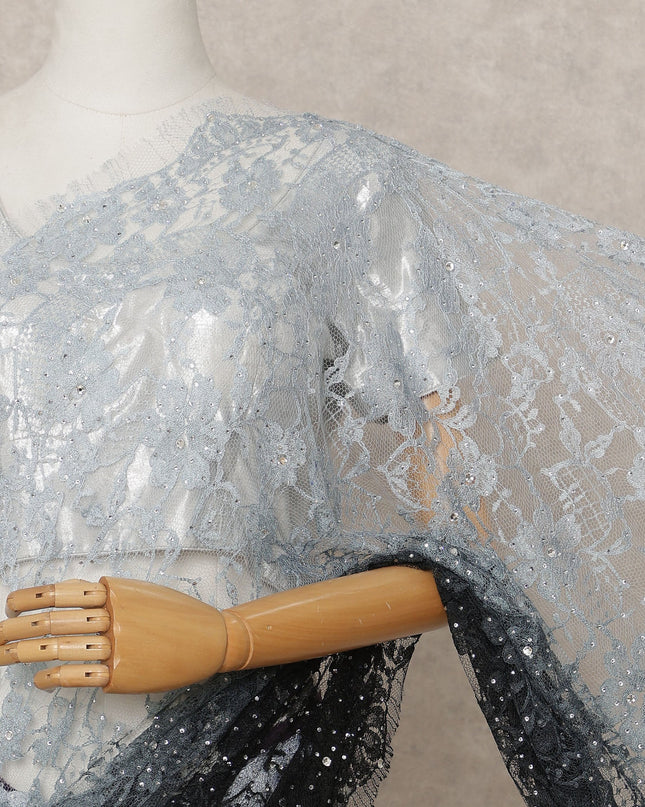 Ice Blue Black Premium French Chantilly Ombre Lace Saree Fabric with Stone Work – 5.5 Meters Length, Width 110 Cms, Made in France-D25617