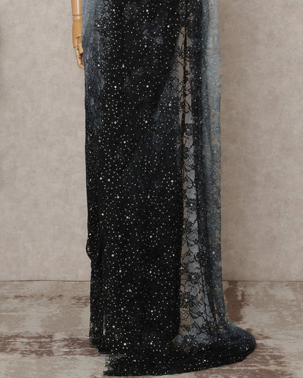 Ice Blue Black Premium French Chantilly Ombre Lace Saree Fabric with Stone Work – 5.5 Meters Length, Width 110 Cms, Made in France-D25617