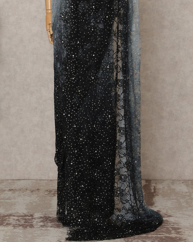Ice Blue Black Premium French Chantilly Ombre Lace Saree Fabric with Stone Work – 5.5 Meters Length, Width 110 Cms, Made in France-D25617