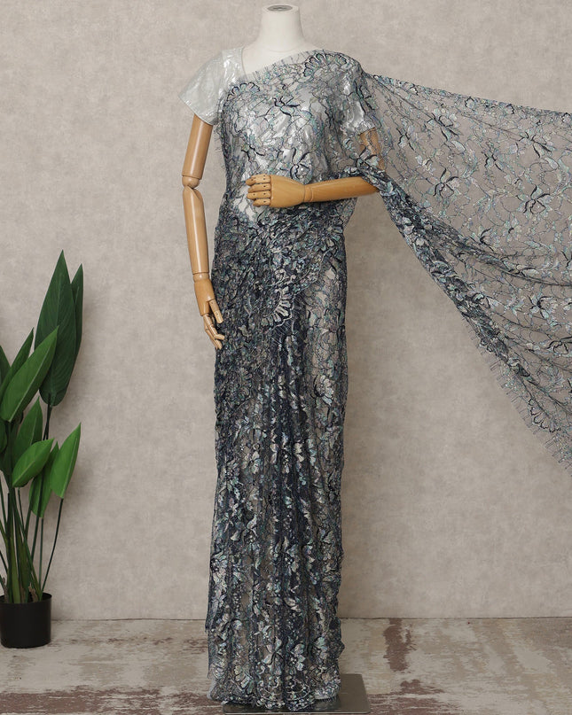 ساري فرنسي فاخر متعدد الألوان، أزرق، من دانتيل شانتيلي متعدد الألوان، مزين بأحجار، عرض 110 سم، 5.5 متر، فرنسا - D25589