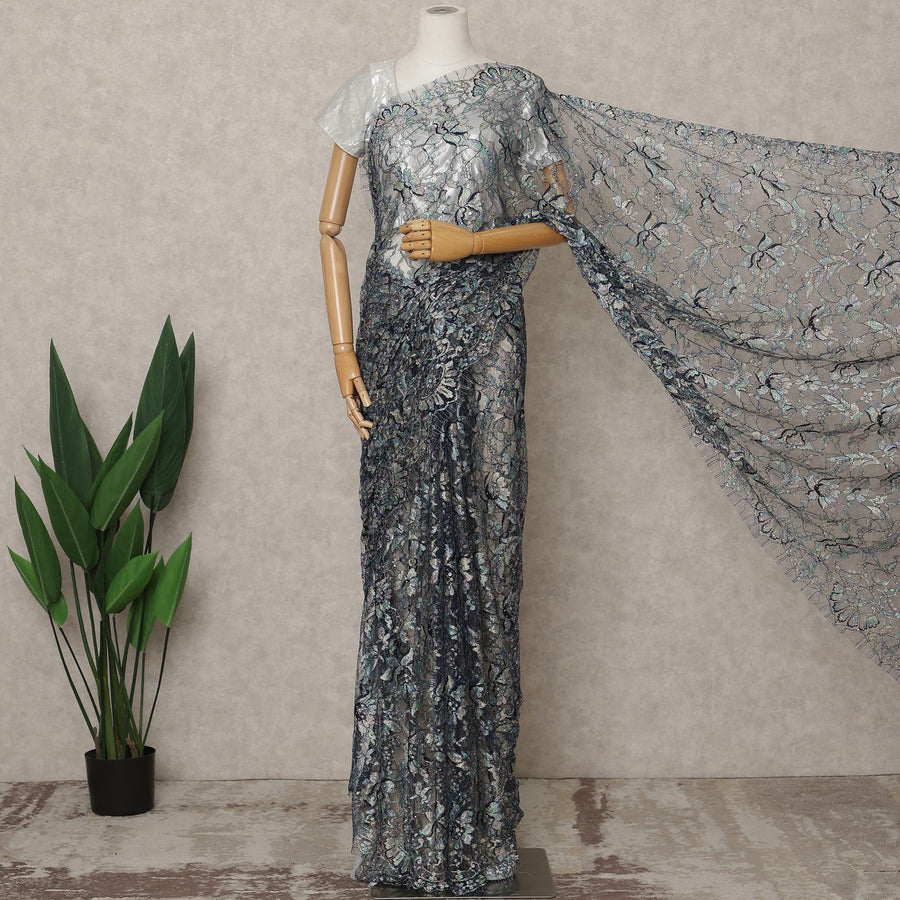 Multicolor Blue Premium French Multi-Tone Chantilly Lace Saree with Stone Work, Width 110 Cms, 5.5 Mtrs, France-D25589