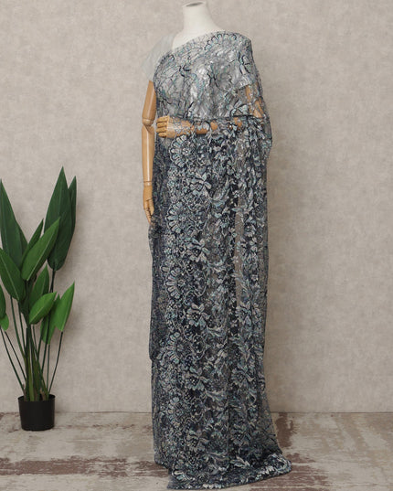 Multicolor Blue Premium French Multi-Tone Chantilly Lace Saree with Stone Work, Width 110 Cms, 5.5 Mtrs, France-D25589