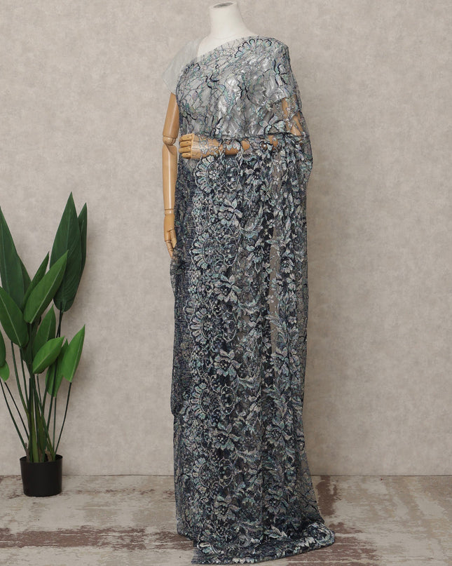 ساري فرنسي فاخر متعدد الألوان، أزرق، من دانتيل شانتيلي متعدد الألوان، مزين بأحجار، عرض 110 سم، 5.5 متر، فرنسا - D25589