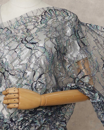 Multicolor Blue Premium French Multi-Tone Chantilly Lace Saree with Stone Work, Width 110 Cms, 5.5 Mtrs, France-D25589