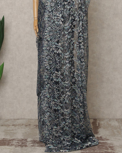 Multicolor Blue Premium French Multi-Tone Chantilly Lace Saree with Stone Work, Width 110 Cms, 5.5 Mtrs, France-D25589