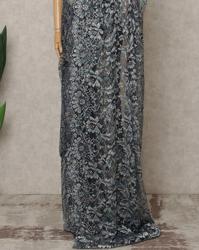 ساري فرنسي فاخر متعدد الألوان، أزرق، من دانتيل شانتيلي متعدد الألوان، مزين بأحجار، عرض 110 سم، 5.5 متر، فرنسا - D25589