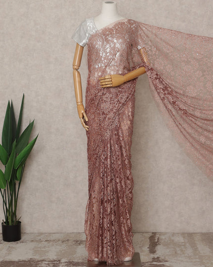 ساري فرنسي فاخر بلون بني نحاسي من الدانتيل الشانتيلي ثنائي اللون مع تطريز حجري، عرض 110 سم، 5.5 متر، فرنسا - D25562