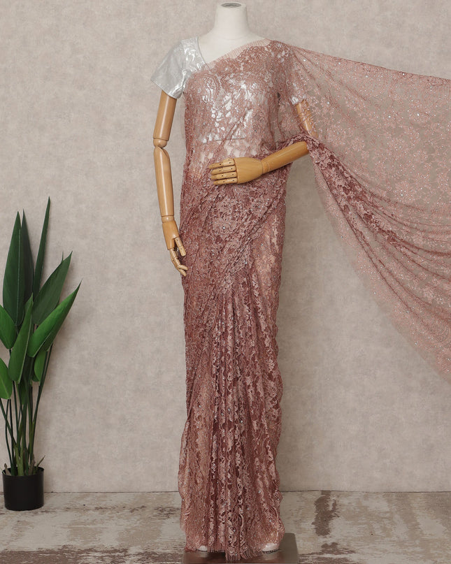 ساري فرنسي فاخر بلون بني نحاسي من الدانتيل الشانتيلي ثنائي اللون مع تطريز حجري، عرض 110 سم، 5.5 متر، فرنسا - D25562