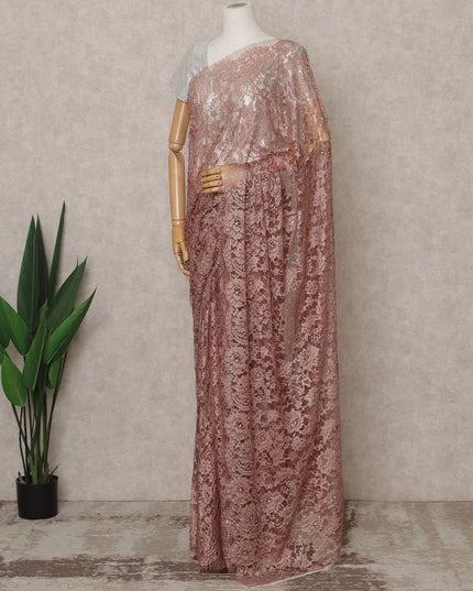 ساري فرنسي فاخر بلون بني نحاسي من الدانتيل الشانتيلي ثنائي اللون مع تطريز حجري، عرض 110 سم، 5.5 متر، فرنسا - D25562