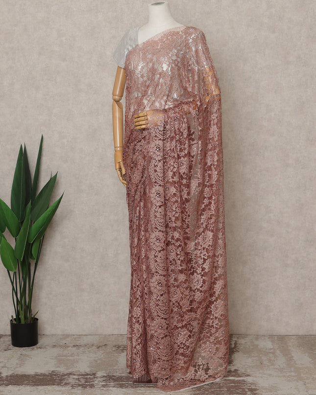 ساري فرنسي فاخر بلون بني نحاسي من الدانتيل الشانتيلي ثنائي اللون مع تطريز حجري، عرض 110 سم، 5.5 متر، فرنسا - D25562