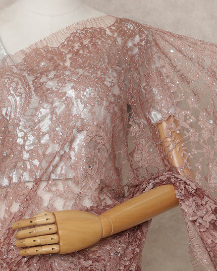 ساري فرنسي فاخر بلون بني نحاسي من الدانتيل الشانتيلي ثنائي اللون مع تطريز حجري، عرض 110 سم، 5.5 متر، فرنسا - D25562