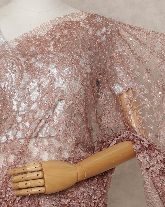 ساري فرنسي فاخر بلون بني نحاسي من الدانتيل الشانتيلي ثنائي اللون مع تطريز حجري، عرض 110 سم، 5.5 متر، فرنسا - D25562