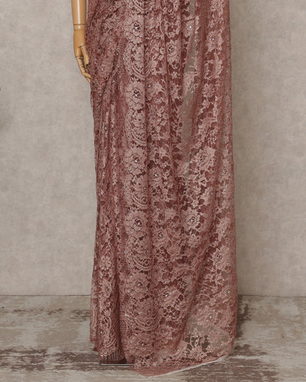 ساري فرنسي فاخر بلون بني نحاسي من الدانتيل الشانتيلي ثنائي اللون مع تطريز حجري، عرض 110 سم، 5.5 متر، فرنسا - D25562
