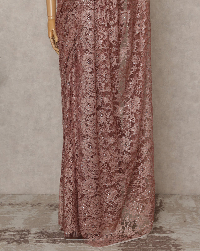 ساري فرنسي فاخر بلون بني نحاسي من الدانتيل الشانتيلي ثنائي اللون مع تطريز حجري، عرض 110 سم، 5.5 متر، فرنسا - D25562