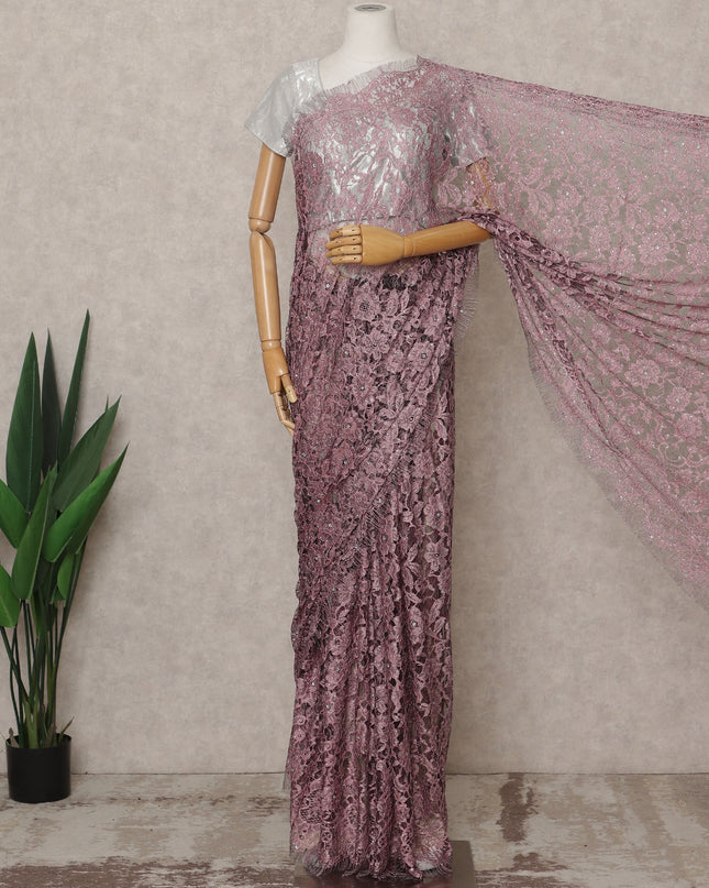 Dusty Pink Premium French 2-Tone Chantilly Lace Saree with Stone Work, Width 110 Cms, 5.5 Mtrs, France-D25558 Regal Fabrics