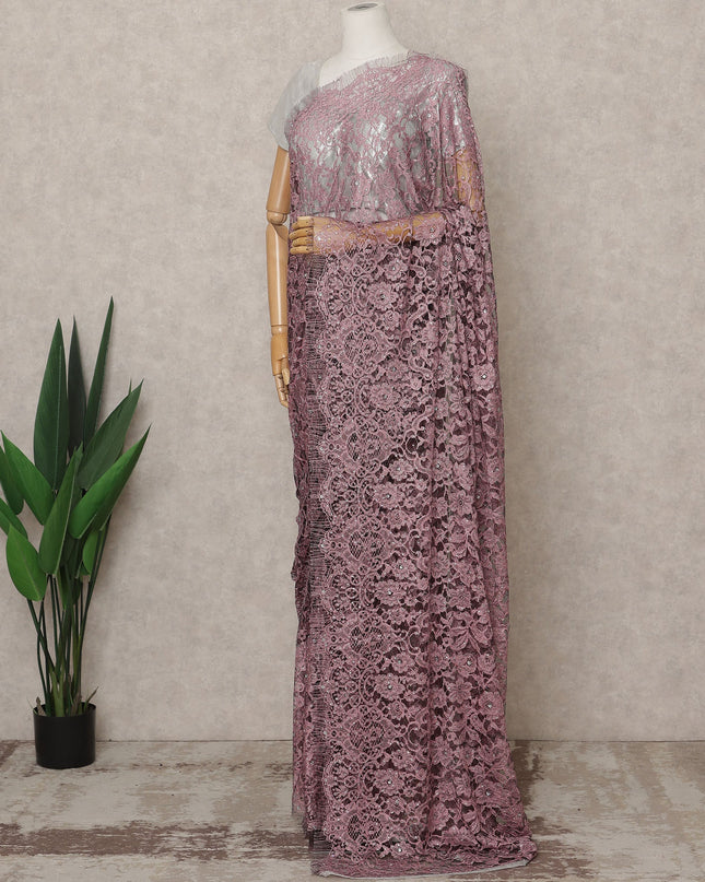 Dusty Pink Premium French 2-Tone Chantilly Lace Saree with Stone Work, Width 110 Cms, 5.5 Mtrs, France-D25558 Regal Fabrics