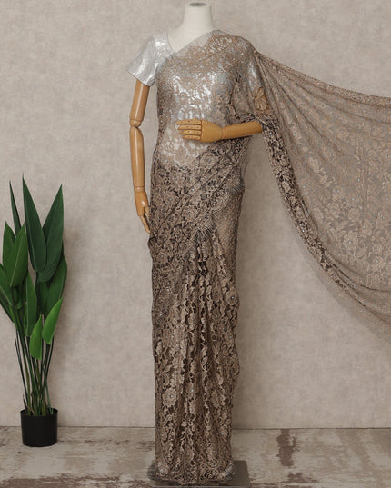 Mocha Brown Premium French Chantilly Lace Saree with Stone Work– 5.5 Meters Fabric Length, Width 110 cm, Imported from France  & Blouse Not Included-D26585